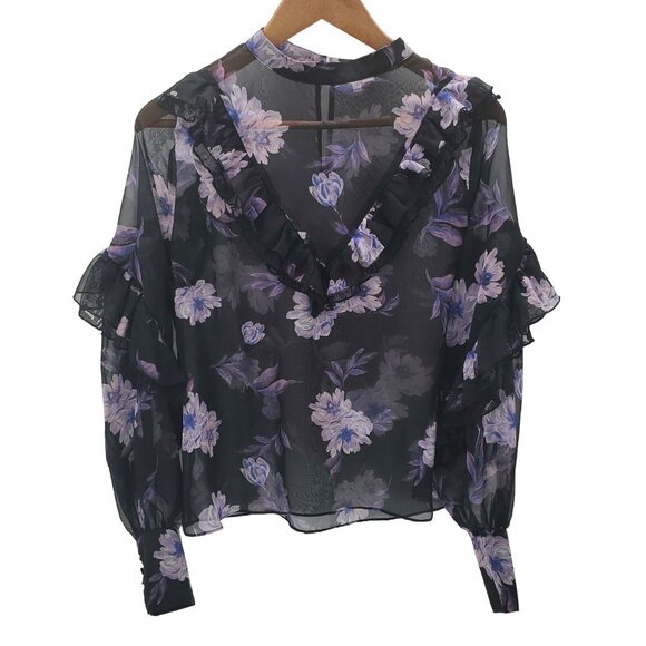 TOBI Womens Sheer Floral Ruffle Blouse Sz L Black Purple Long Sleeve Bohemian - Picture 1 of 12